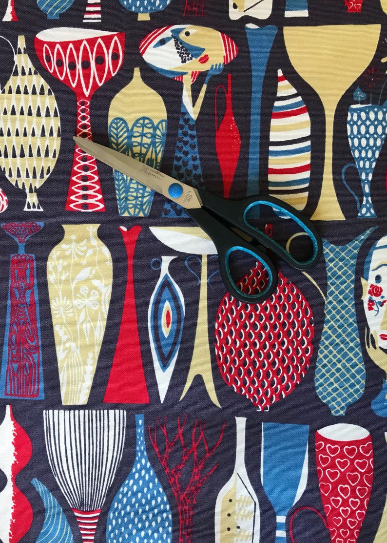 Swedish vintage fabric 50s fabric Stig Lindberg handprinted Melodi black scandinavian design quality linen midcentury modern fabric