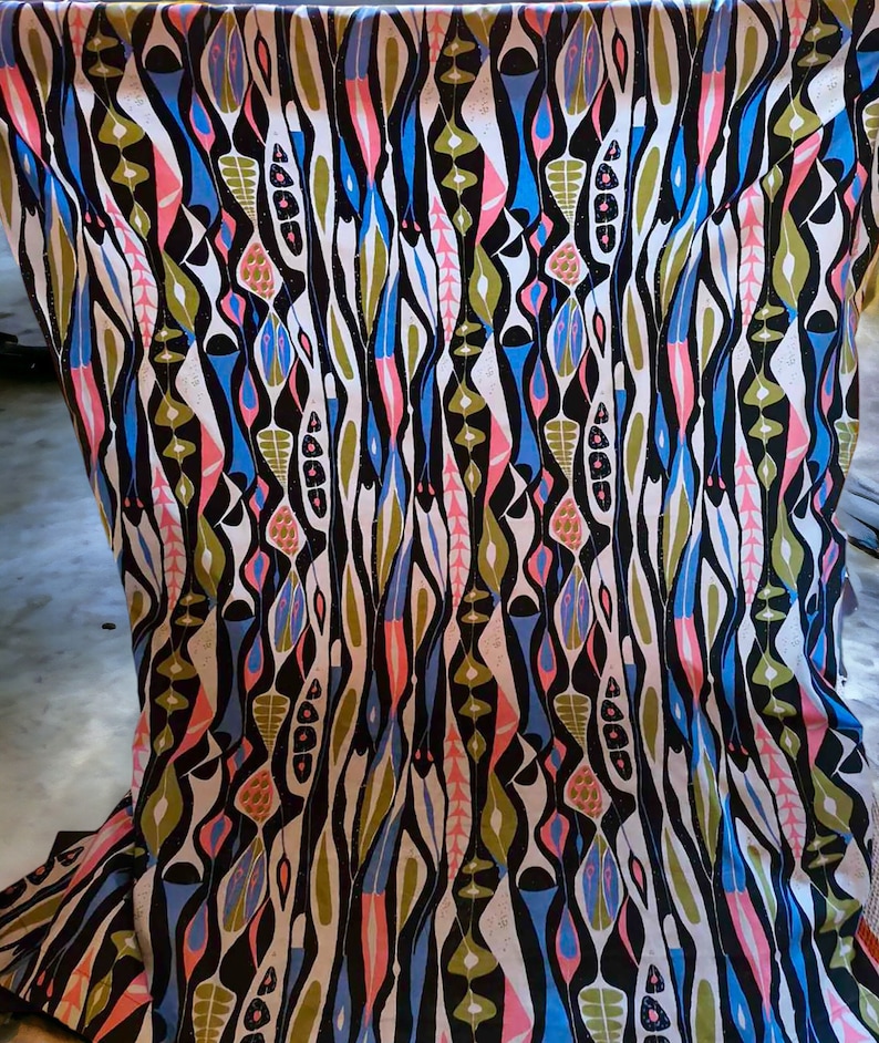 Scandinavian vintage fabric, over 5 yds abstract design. Stig Lindberg Bulbous. 50s Mid century modern fabric, Retro fabric, blue pink image 1