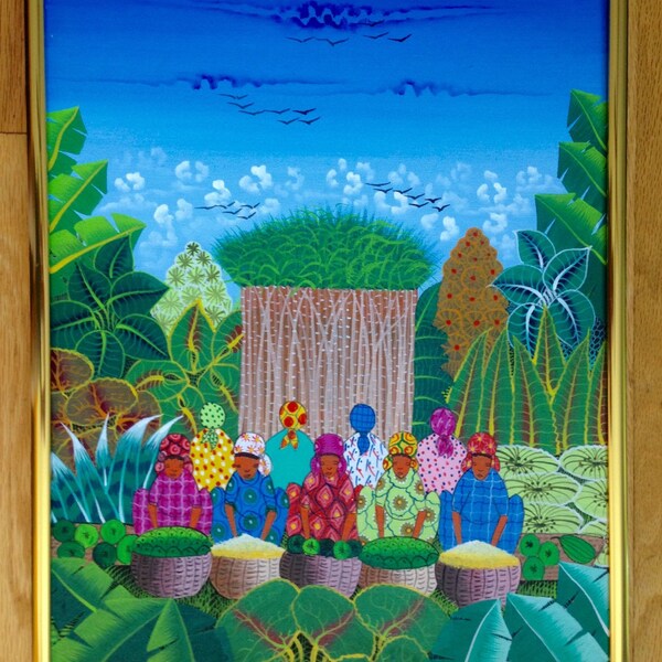 Authentic Haitian Folk Art Painting 12"x16" by R. LaFleur ca. 1970's - Acrylic on Canvas in Gold Metal Frame - Signed