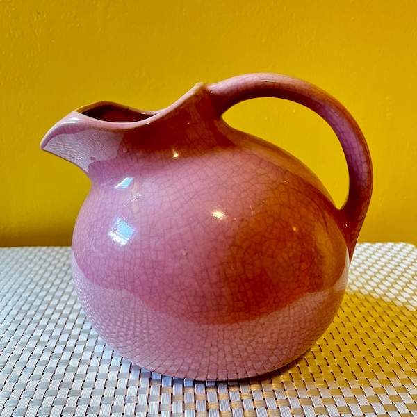 Vintage Mid Century McCoy USA Ball Pitcher, Ceramic, Pink Crackle Glaze, Retro 50’s Barware, Collectible, Mint Condition