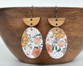 Floral Cork Leather Wood Earrings / Genuine Leather Earrings / Lightweight / Statement Earrings / Hypoallergenic / Stainless Steel