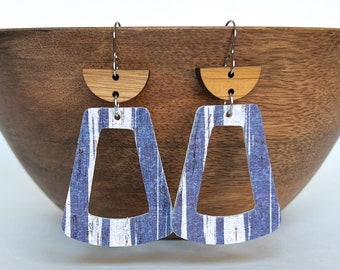 Blue and White Striped Cork and Leather Earrings  / Leather Jewelry  / Lightweight / Genuine Leather / Hypoallergenic / Stainless Steel