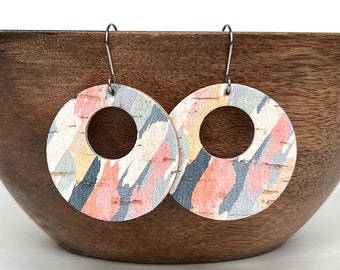 Pastel Spring Cork Genuine Leather Earrings / Large Circle Earrings / Lightweight  / Hypoallergenic / Stainless Steel