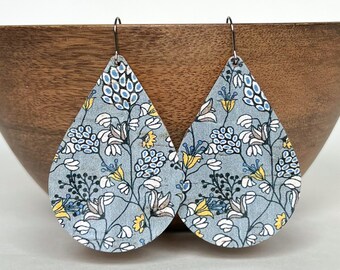 Floral Cork Genuine Leather Earrings / Large Teardrop Earrings / Lightweight  / Hypoallergenic / Stainless Steel