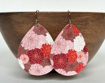 Floral Cork Genuine Leather Earrings / Large Teardrop Earrings / Lightweight  / Hypoallergenic / Stainless Steel