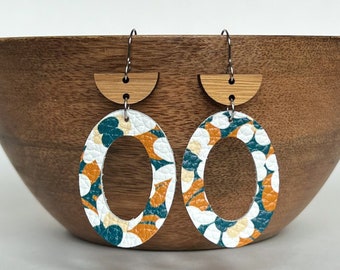 Floral Leather Wood Earrings / Genuine Leather Earrings / Lightweight / Statement Earrings / Hypoallergenic / Stainless Steel