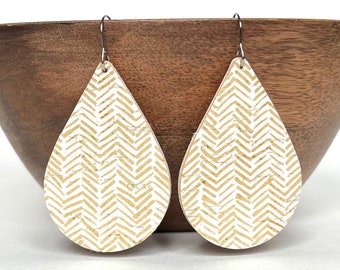 Neutral Cork Genuine Leather Earrings / Large Teardrop Earrings /Lightweight  / Hypoallergenic / Stainless Steel