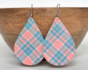 Plaid Genuine Leather Earrings / Large Teardrop Earrings / Lightweight  / Hypoallergenic / Stainless Steel