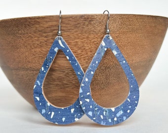 Blue Cork Genuine Leather Earrings / Large Teardrop Earrings / Lightweight  / Hypoallergenic / Stainless Steel