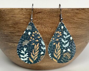 Blue Floral Genuine Leather Earrings / Leather Jewelry  / Lightweight / Genuine Leather / Hypoallergenic / Stainless Steel