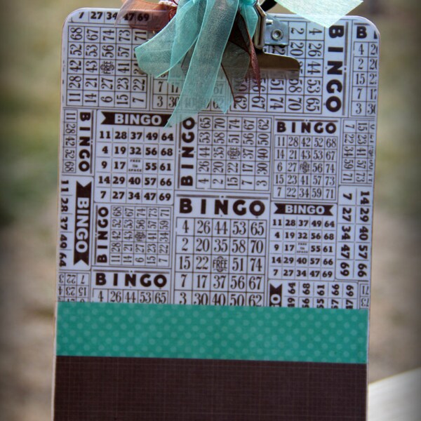 Brown, Aqua, and White Bingo (6x9 inch) Altered Clipboard