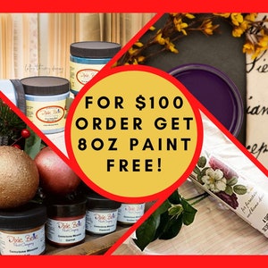 May include: A yellow circle with the text "FOR $100 ORDER GET 8OZ PAINT FREE!" in black text. The circle is in front of a collage of images including paint jars, a purple paint can, and a floral design on a white background.