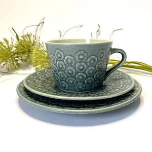 Quistgaard Azur Tea Trio - cup, saucer, plate - Kronjyden Danish Design - Mid Century Modern - Scandinavian Modern Stoneware - IHQ Denmark