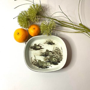 Puede incluir: Un plato cuadrado de cerámica con fondo blanco y un diseño marrón y verde de patos en un estanque. El plato está sobre una superficie blanca con dos naranjas y una planta verde.