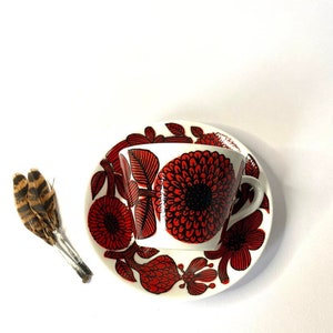 Pode incluir: Uma ch&aacute;vena de ch&aacute; e um pires de cer&acirc;mica branca com um padr&atilde;o floral vermelho e preto. A ch&aacute;vena e o pires s&atilde;o decorados com flores e folhas estilizadas.