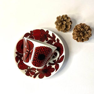 Pode incluir: Uma ch&aacute;vena de ch&aacute; e um pires de cer&acirc;mica branca com um padr&atilde;o floral vermelho e preto. A ch&aacute;vena est&aacute; inclinada para o lado e o pires est&aacute; por baixo.