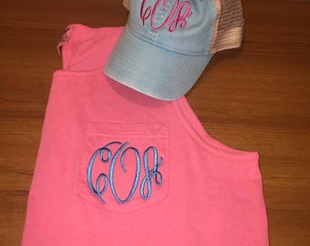 Comfort Color Pocket Tank and Trucker hat set, Monogram Tank Monogram Hat Monogrammed Trucker Hat,