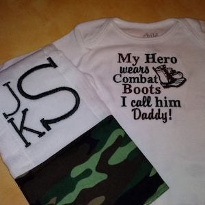 My Hero wears Combat Boots Baby Gift Set Burp Cloth and Bodysuit - Army Dad Baby Shower Gift Set - Daddy in the Army Baby Set - Army Camo