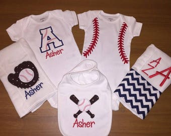 Baseball Baby Set - Baseball Burp Cloth Set - Baseball Bib - Baby Baseball Clothing