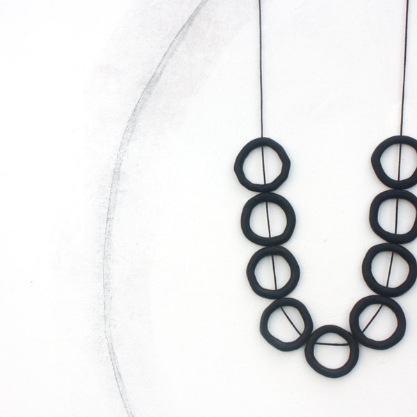 Long black minimal necklace, polymer clay, circles wax cotton cord