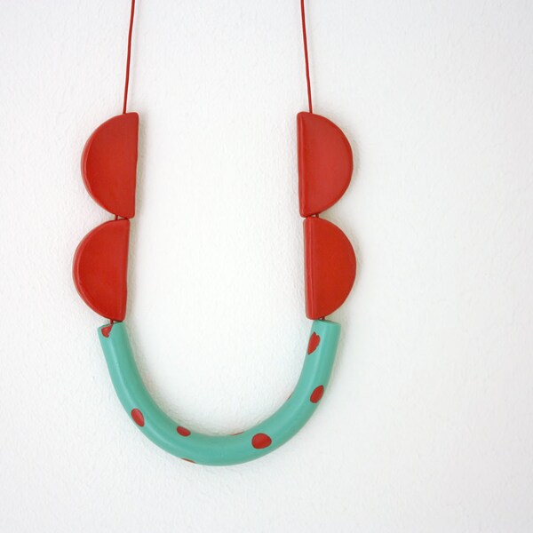 Red turquoise necklace, minimal funky, polymer clay leather cord jewelry