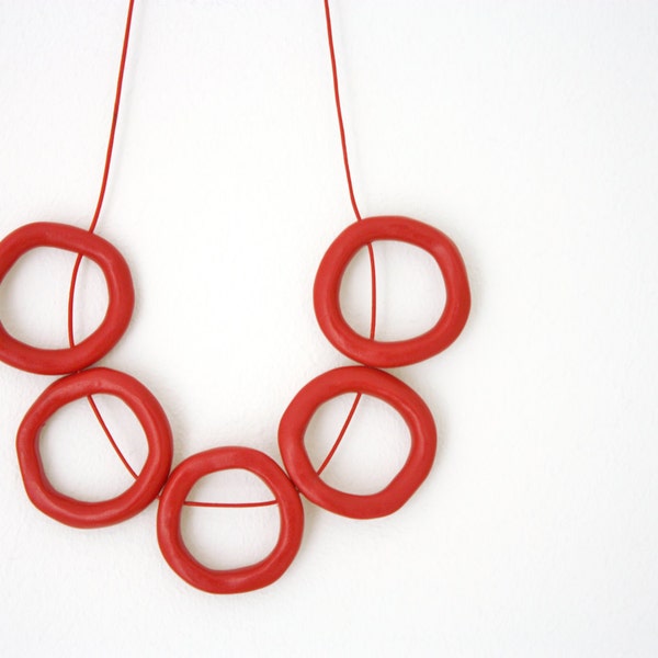 Minimal red polymer clay necklace, abstract, circles leather cord jewelry