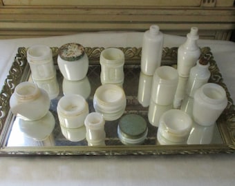 14 Milk Glass Collection, Cold Cream Jars, Pond's Jars, Avon Bottle, Abbott Bottle.