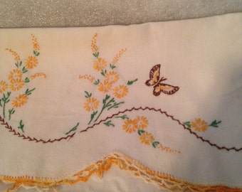 Hand Embroidered Single Pillow Case Butterflies and  Yellow Flowers Scolloped Edge with Embroidered