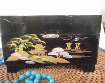 Made in Japan Jewelry Box Souvenir 1950s Wood Hand Painted Red Velvet Lined Stamp on Bottom