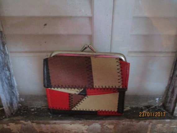 Kane M Vintage Patchwork Design Purse, Brown Oran… - image 1