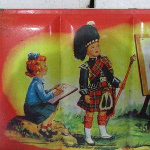 Adorable Child's Paint Set, Marked Made in Scotland, Pictured Children outside painting, two boys dressed in Kilts, oh so cute. image 2