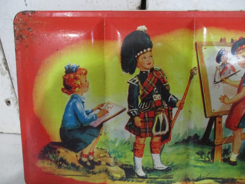 Adorable Child's Paint Set, Marked Made in Scotland, Pictured Children outside painting, two boys dressed in Kilts, oh so cute. image 2