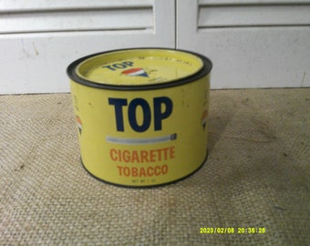 Top Cigarette Tobacco Tin, R.J. Reynolds Tobacco Co., Winston Salem NC, Bright Yellow Tin with Blue and Red Lettering. 5 1/4 x 3 3/4 inches.