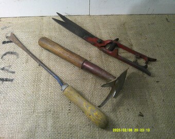 Vintage Garden Tools,Weeder 15" wood handle, All MetalClippers 12 1/2" marked Duro Edge USA, and Claw Digger, 10 1/4" long with wood handle.