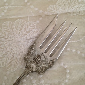 May include: A silver fork with an ornate design featuring a grape cluster and leaves. The fork is on a white lace background.