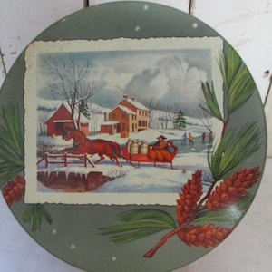Outstanding Vintage Large Fruit Cake Christmas Tin, Pretty Picture Horse, sleigh in the Snow, Ice Skating on the pond.