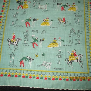 Colorful Romantic Ladies Handkerchief, Turquoise with Yellow, Green and Red Flowers around a Scolloped Border, Many Scenes of Lady