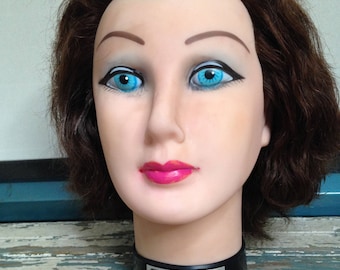 Plastic Mannequin Head, Debra Manikin, D804 by Burmax, Auburn Hair, Blue Eyes, Red Rose Lips