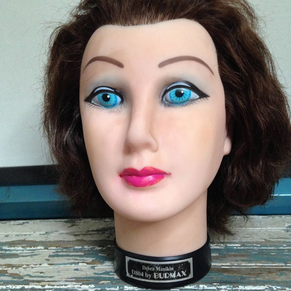 Plastic Mannequin Head, Debra Manikin, D804 by Burmax, Auburn Hair, Blue Eyes, Red Rose Lips