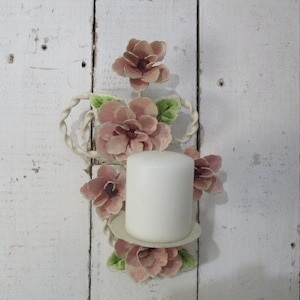 Country French Metal Candle Holder, Wall Hanging, Pink Flowers with Green Leaves, Scrawling Design. Holds 1 Pillow Candle.