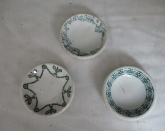 More Butter Pats, Thick and Chunky, Set of 3 Ironstone Butter Pats, Designs around the rim, Greens and Teals.