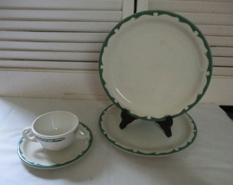 Restaurant Ware 4 Piece Set Green and White Cup, Saucer and 2 Plates.