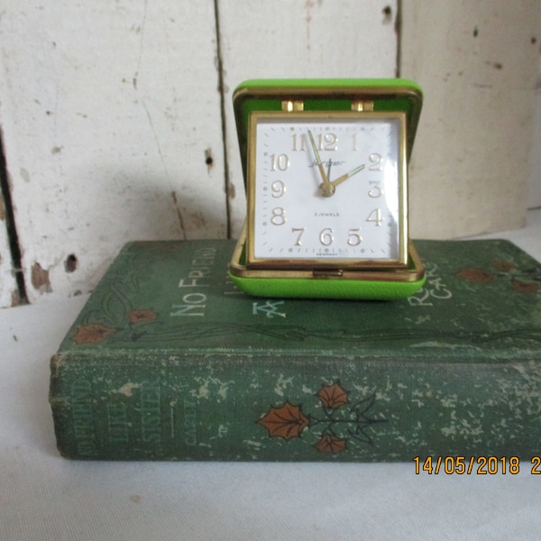 Jerger Travel Alarm Clock, Made in Germany, Working Alarm Clock, Bright Green Case. 2 Jewels.