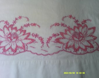 Beautifully Hand Embroidered Single Pillow Case. Double Pink Flower. Standard Size Pillow Case.