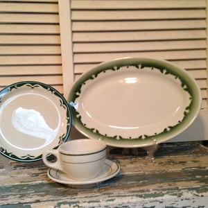Restaurant Ware 4 Piece Set Green and White Cup, Saucer, Desert Dish and Platter