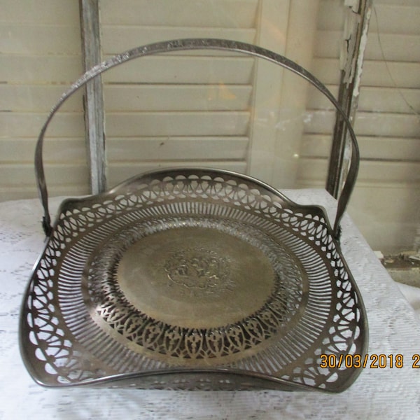 Vintage Sheffield, Silver Plated Basket with Decorative Cutout Design, Nickel Silver, Made in USA, Trinket Dish, Fruit Dish, Very Ornate.