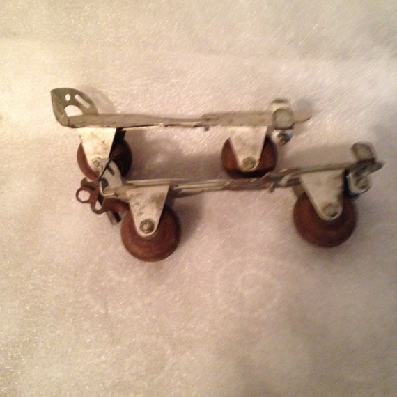 Vintage In-Line Roller Skates Wooden Wheels Keys for Skates