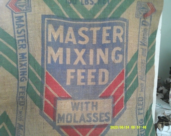 Bright colored Feed Sack.  Burlap Master Mixing Feed sack. Double sided. 100 pound feed sack.
