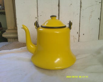 Bright Sunshine Yellow Teapot, with rattan handle, and stamped Japan
