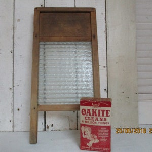 Vintage Glass and Wood Wash Board, Rippled Glass, Also a unopened box of Washing Powder. Ideal for decorating Laundry Room.